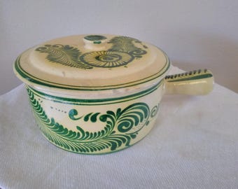 Vintage Tlaquepaque Mexico Lidded Pot, Redware Pottery, Green Floral Majolica