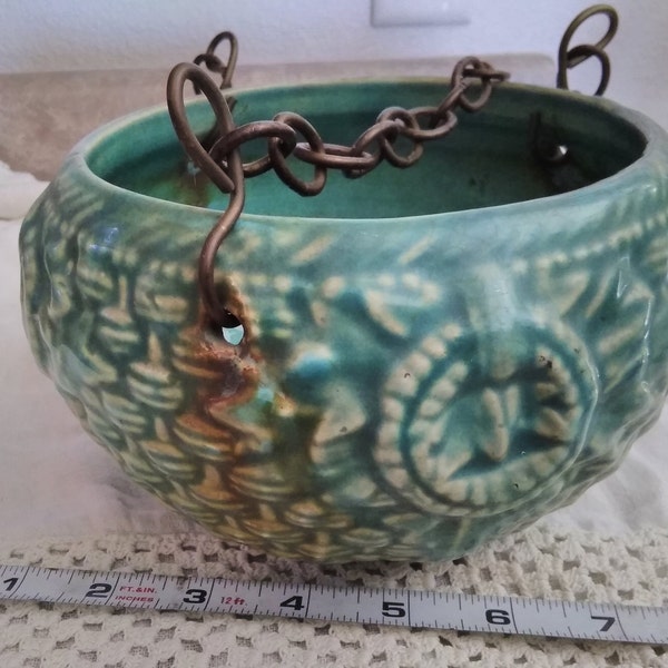 McCoy turquoise hanging flower pot, cache pot, jardinier, art nouveau design, with original chains for hanging, approx 7" wide x 4 1/2 tall