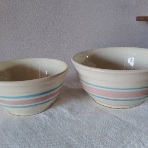 Choice of McCoy pottery pink and blue striped bowls, 6 1/4" x 3" tall or 7 1/4" x 3 1/2" tall, marked Ovenproof, hairline on each, crazing