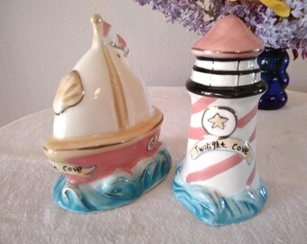 Blue Sky Ceramic Lighthouse Sailboat Salt Pepper Shakers Heather Goldminc Twilight Cove