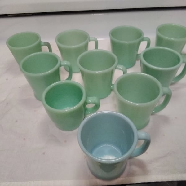 9 Mid Century Anchor Hocking Fire-King jadeite coffee mugs and 1 Delphite blue, excellent vintage condition, sold separately, retro kitchen!