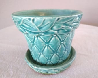 Vintage McCoy Pottery Teal Flower Pot with under dish, Quilt Pattern Planter, 3 1/2 inches tall