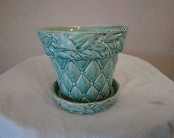 Vintage McCoy Pottery Teal Flower Pot with under dish, Quilt Pattern Planter, 4 1/2 inches tall