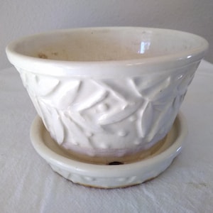 May include: A white ceramic planter with a matching saucer. The planter has a rounded shape with embossed leaf and berry designs. The saucer has a slightly raised edge. The set is suitable for indoor or outdoor use.