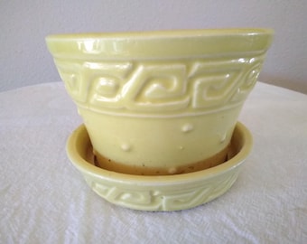 Vintage McCoy Pottery Yellow Flower Pot with attached under dish, Greek key pattern, 3 1/2 inches tall x 4 inches across, 3 1/2" opening