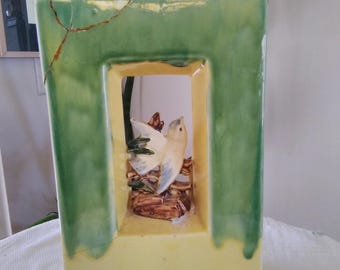 Vintage McCoy Pottery Vase, Bird in Window Design (9x7x4)