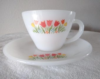 Vintage Fire King Anchor Hocking tulips milk glass cup and saucer, spring flowers pyrography