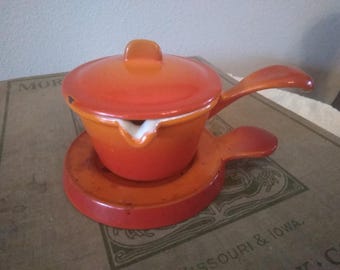 Descoware Flame Red Enamel Cast Iron Butter Pot, Belgium