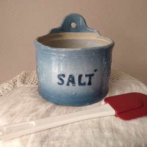 Primitive McCoy Stoneware Pottery Salt Box, pretty blue color with cobalt word salt, embossed grape vines on both sides, has good repairs