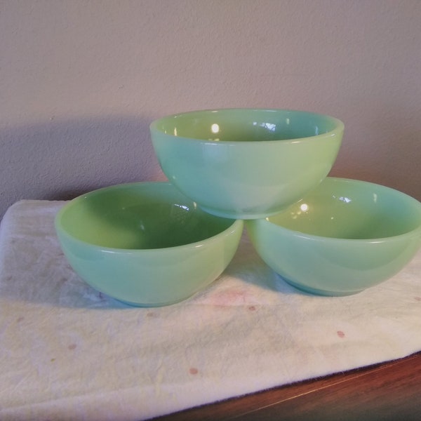 2 left, Anchor Hocking Fire-King jadeite bowls, measuring 5 inches across x 2 1/4,  in excellent vintage condition, no chips, shiny finish