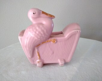 Vintage Pink Stork Baby Cradle Planter, Mid Century Pottery Decor