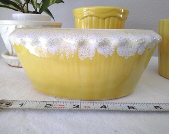 Vintage McCoy Pottery oval Yellow Flower Pot with white dripware glaze, 3 inches tall x 7 x 5, no chips