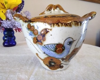 Vintage Mexican Pottery Sugar Bowl, Blue Bird Floral Design, Southwestern Kitchen Lidded Dish