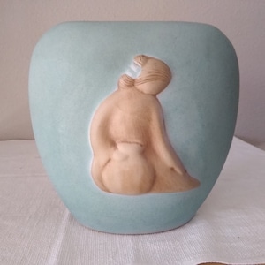 Vintage Navajo pottery signed Jack Black, turquoise with sand colored relied of woman with a pot, 7 1/2&quot; x 7 1/2&quot; x 4&quot;, excellent condition!