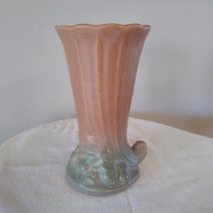 McCoy pottery vintage vase, upright cornucopia shaped, ribbed, mauve and teal matte finish, 8 1/4 in. tall x 4 1/2, few chips bottom rim