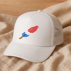 Embroidered Foam Trucker Hat, Fourth of July America Bomb Pop Popsicle Red White and Blue Cap, Patriotic Headwear, Independence Day