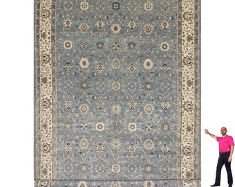 28 x 14 ft / 870 x 420 cm huge Rug | Gray Cream Blue | Hand Knotted Carpet Persian Ziegler Oriental Heriz Serapi | Djoharian Collection