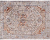8 x 10 ft Heriz Large Rug Room Size vintage Oushak colors carpet hand knotted worn to perfection look silver grey pastell muted pastel