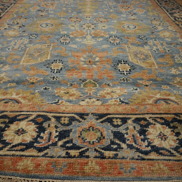 Heriz rug 300 x 250 cm | 10 x 8 ft Sky Blue Design Heris Serapi carpet room size area rug, hand knotted wool | Antique style