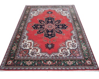 7 x 10 ft Heriz Rug Azeri vintage  305 x 215 cm large room size pink green beige blue hand knotted carpet from Azerbaijan