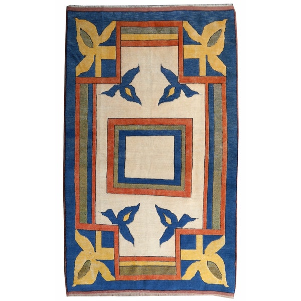 6.3 x 4.0  ft Vintage Rug | Worn to Perfection | modern style carpet Turkish Oushak hand knotted wool blue beige yellow orange