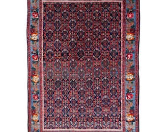 Rug 7.0 x 4.6 ft semi antique hand knotted blue red vintage area rug, oriental wool Karabagh style carpet