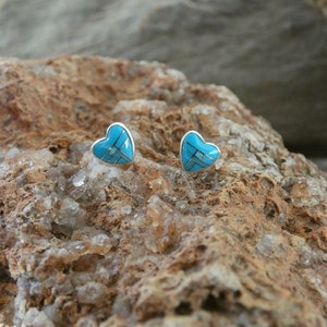 Cute Heart Southwestern Sterling Silver 925 Beautiful Blue Turquoise & Opal Inlayed Small Stud Earrings Free Shipping Gift Bag New U46