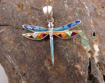 Southwest Dragonfly Sterling Silver 925 Nice Genuine Multi Gemstone Inlayed Small Pendant Handcrafted In The USA Fast Free Shipping NEW S18