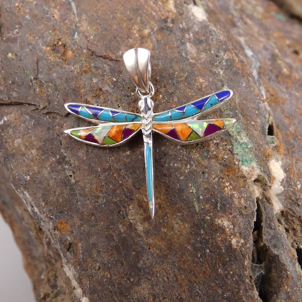 Southwest Dragonfly Sterling Silver 925 Nice Genuine Multi Gemstone Inlayed Small Pendant Handcrafted In The USA Fast Free Shipping NEW S18