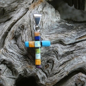 Beautiful Vibrant Mix Of Multi Gemstone & Opal Petite Small Cross Pendant Sterling Silver Handcrafted Free Shipping Free Gift Bag NEW B54
