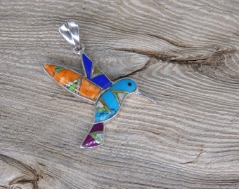 Hummingbird Southwestern Sterling Silver Pendant Colorful Multi Gemstone & Opal Inlayed Made In USA Free Shipping Free Gift Bag NEW U25