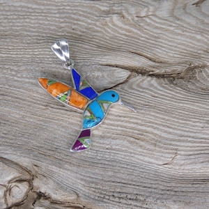 Hummingbird Southwestern Sterling Silver Pendant Colorful Multi Gemstone & Opal Inlayed Made In USA Free Shipping Free Gift Bag NEW U25