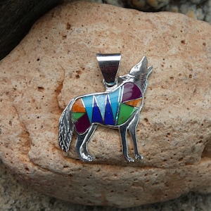 Howling Wolf Dog Coyote Sterling Silver 925 Handcrafted Colorful Multi Gemstone Unisex Nice XL Size Pendant Made In USA Free Shipping NEW W1