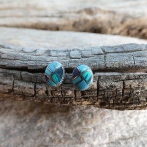 Blue Multi Gemstone Handcrafted Southwestern Sterling Silver 925 7mm Oval Bezel Set Stud Post Earrings Free Gift Bag Free Shipping New Y60