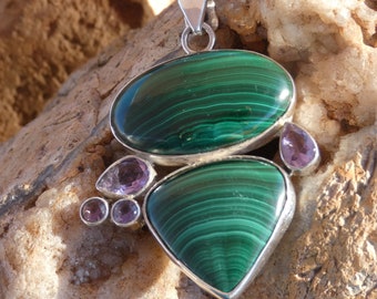 Malachite Vibrant Green Purple Amethyst Mixed Gemstone Handmade Pendant Sterling Silver 925 Fast Free Shipping in USA Gift Bag Included S47