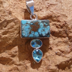 Türkis mit blauen Topas gemischt Edelstein Anhänger Sterling Silber 925 handgefertigte schnell kostenloser Versand in USA Geschenktasche enthalten NEUE S49