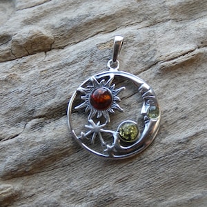 Crescent Moon With Stars Sun Amber Green Brown Color Sterling Silver 925 Pendant Handcrafted Free Shipping In USA Gift Bag Included New H62