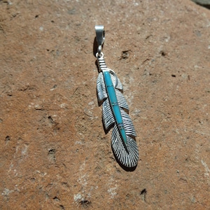 Southwestern Handmade Feather Sterling Silver Vibrant Blue Turquoise And Opal Gemstone Pendant Handcrafted In USA Free Shipping Gift Bag