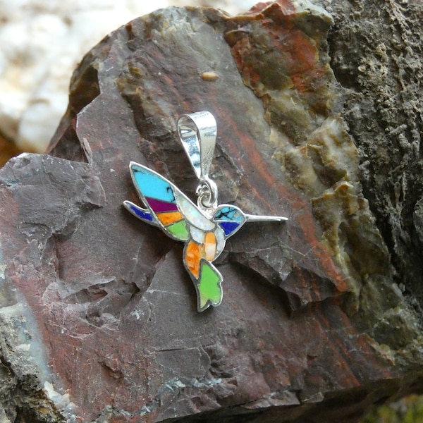 Colorful Multi Gemstone & Opal Hummingbird Southwestern Sterling Silver Pendant Made In USA Free Shipping in USA Free Gift Bag NEW T18