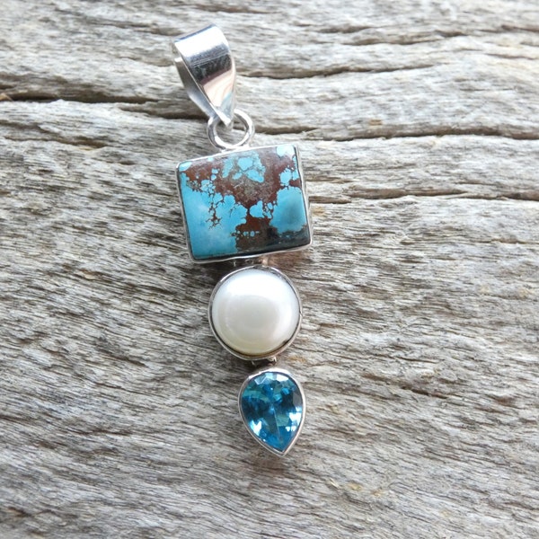 Turquoise Fresh Water Pearl Blue Topaz Southwestern Sterling Silver 925 Handcrafted Multi Gemstone Pendant Free Shipping Gift Bag NEW B4