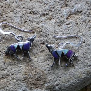 Howling Wolf Dog Coyote Sterling Silver Handcrafted Sugilite Onyx Gemstone & Opal Earrings French Wire Hooks Free Shipping Gift Bag New Z84