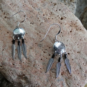 Concho Earrings Southwestern Western Sterling Silver 925  Black Onyx & Feathers French Wire Earrings Free Shipping Gift Bag H8