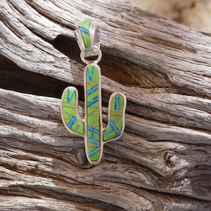 Puede incluir: Un colgante de plata con forma de cactus verde y azul. El cactus está decorado con patrones geométricos.