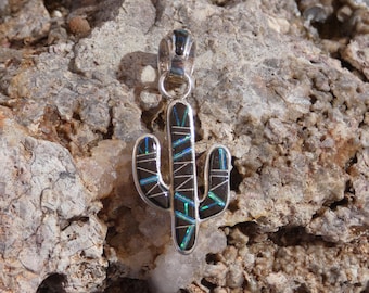 Saguaro Cactus Sterling Silver 925 Black Onyx Gemstone Highlighted With Opal Southwestern Handcrafted Pendant Made In The USA Free Shipping