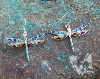 Dragonfly Vibrant Multi Gemstone Mix & Opal Inlay Sterling Silver 925 French Wire Earring Set Handcrafted In USA Free Shipping Gift Bag S19