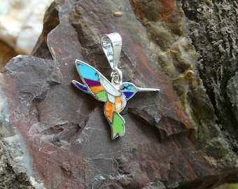 Colorful Multi Gemstone & Opal Hummingbird Southwestern Sterling Silver Pendant Made In USA Free Shipping in USA Free Gift Bag NEW T18