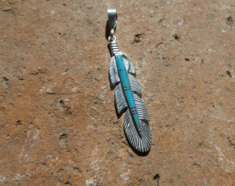 Southwestern Handmade Feather Sterling Silver Vibrant Blue Turquoise And Opal Gemstone Pendant Handcrafted In USA Free Shipping Gift Bag