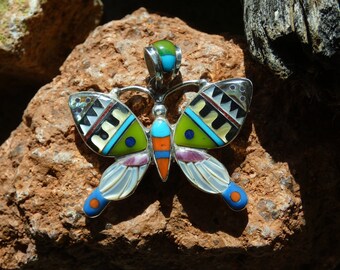 Vibrant Multi Gemstone Micro Inlayed Butterfly Stunning Vibrant Handcrafted Pendant Sterling Silver 925 Free Gift Bag Free Shipping NEW F53
