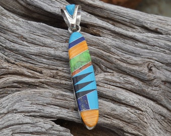 Double Sided Sterling Silver Vibrant Multi Gemstone & Turquoise Elongated Pendant Handcrafted Two Looks One Low Price! New Free Shipping S95