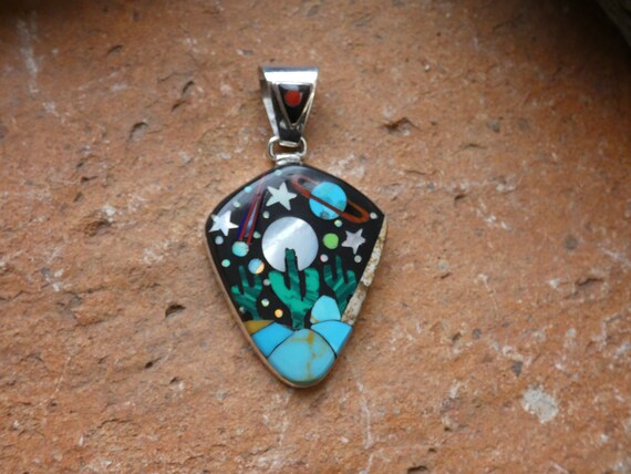 Cosmic Outer Space Inlay Native American Navajo Opal Coral Sterling Silver Ring Cosmic Outer Space Inlay Native American Navajo Opal Coral Sterling Silver Ring